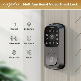 AL501 Arpha 2K WiFi Smart Lock For Door With 32 GB Storage, Multi-Function Entry Lock For Front Door With Keypad: Doorbell, Fingerprint, Key Entry, Password Entry, One-Click Lock/Unlock, App Control, 2-Way Audio, Motion Detection