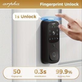 AL501 Arpha 2K WiFi Smart Lock For Door With 32 GB Storage, Multi-Function Entry Lock For Front Door With Keypad: Doorbell, Fingerprint, Key Entry, Password Entry, One-Click Lock/Unlock, App Control, 2-Way Audio, Motion Detection
