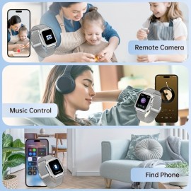 Smart watch suitable for iPhone and Android phones (answering/making calls), men and women's smart fitness tracker watch, sleep monitoring step count calorie counter strap includes (silver steel+light purple+white glue silver buckle)