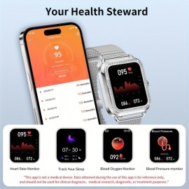 Smart watch suitable for iPhone and Android phones (answering/making calls), men and women's smart fitness tracker watch, sleep monitoring step count calorie counter strap includes (silver steel+light purple+white glue silver buckle)