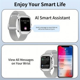 Smart watch suitable for iPhone and Android phones (answering/making calls), men and women's smart fitness tracker watch, sleep monitoring step count calorie counter strap includes (silver steel+light purple+white glue silver buckle)