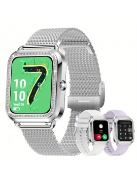 Smart watch suitable for iPhone and Android phones (answering/making calls), men and women's smart fitness tracker watch, sleep monitoring step count calorie counter strap includes (silver steel+light purple+white glue silver buckle)