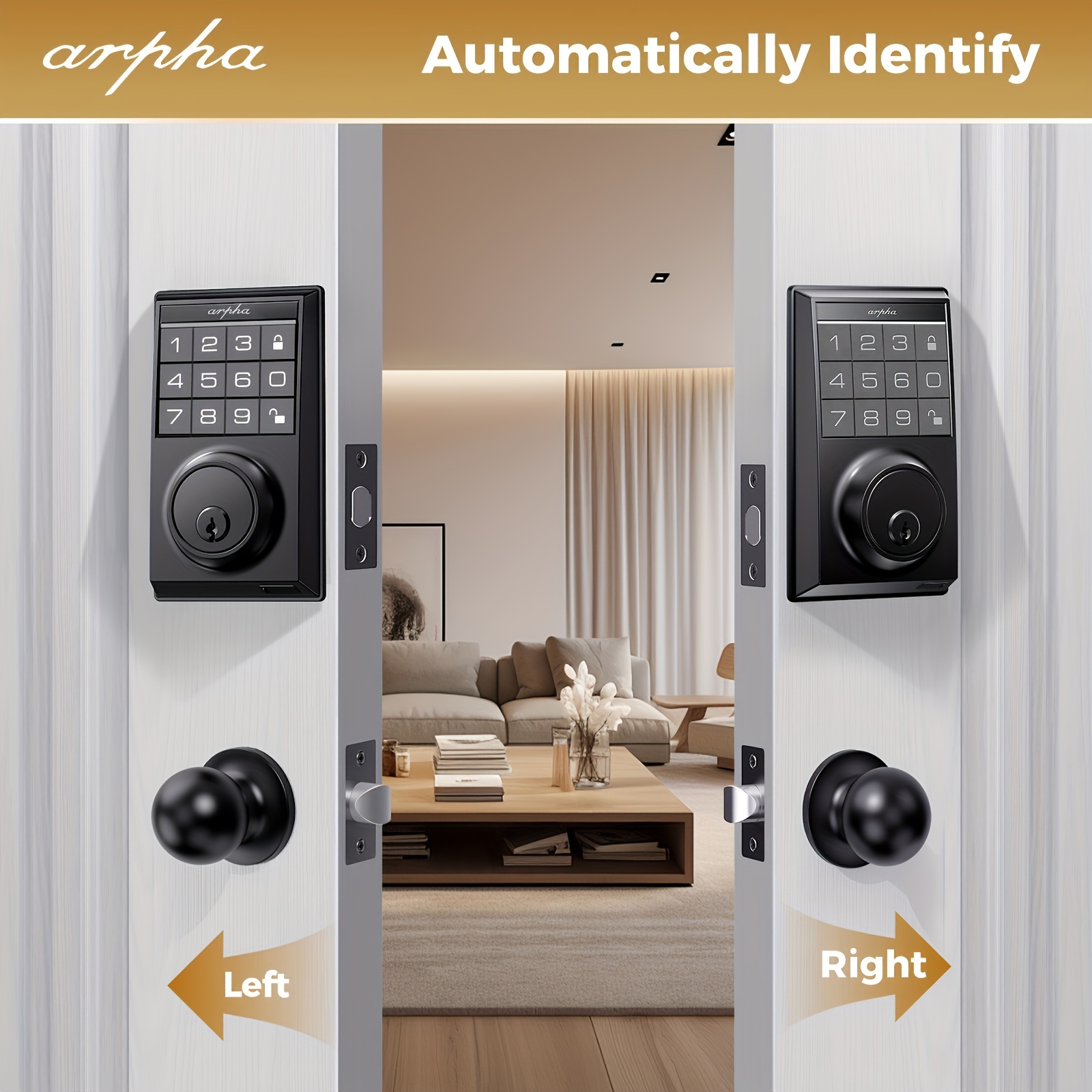 keyless entry door lock set with 2 knobs smart keypad deadbolt door lock 100 codes for front door auto   control easy installation one   anti peeping one touch lock designed for bedroom   zinc alloy black details 2